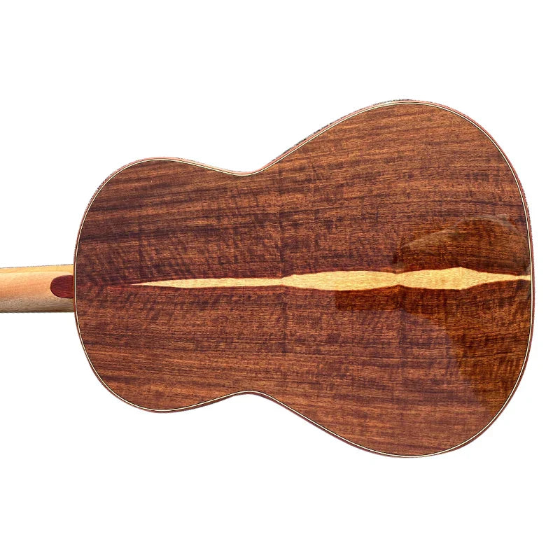 Back of a yulong guo handmade professional grade wooden ukulele with solid nomex double top and light-colored inlay