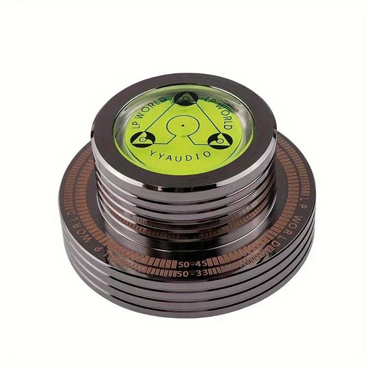 Sleek black alloy weight clamp disc turntable stabilizer with bright green dial by YYAUDIO universal 50hz model