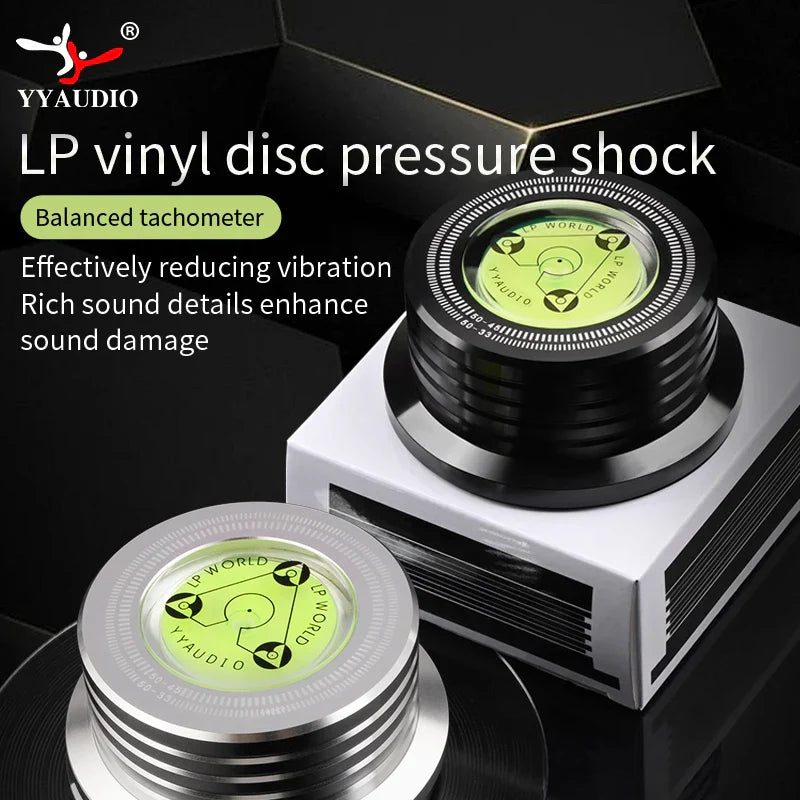 Black and silver yyaudio universal 50hz disc turntable stabilizer with green dial and alloy weight clamp for lp vinyl records