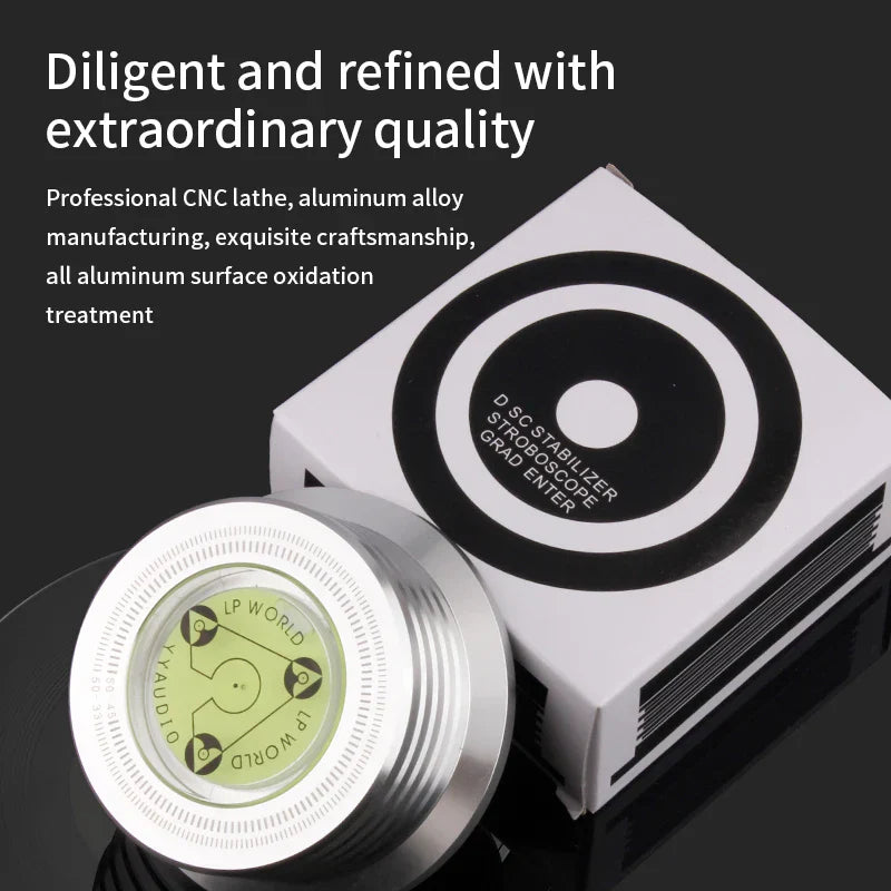 Silver aluminum alloy yyaudio universal 50hz disc turntable stabilizer with circular dial and engraved markings weight clamp