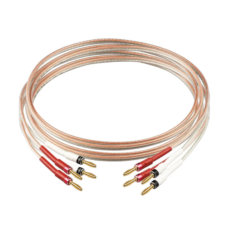 A coiled yytcg hifi speaker cable with copper braided shielding and gold plated banana plugs for home theater amplifier use