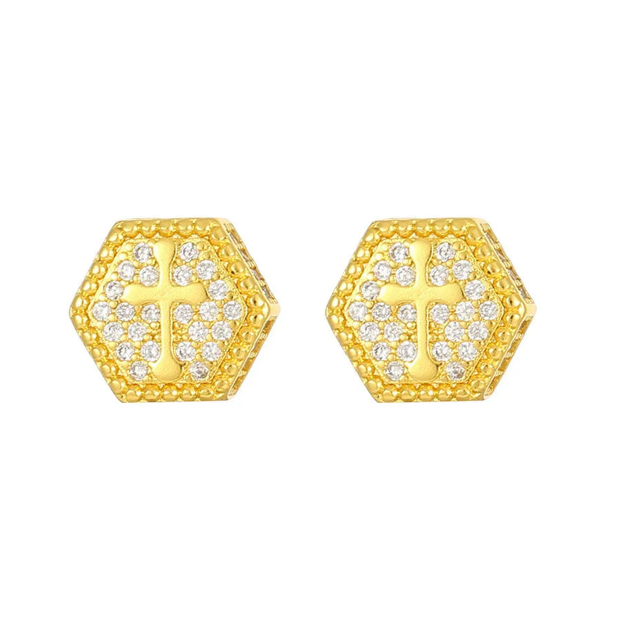 Gold hexagonal stud earrings with cubic zirconia cross design zakol hip hop women punk personalized jewelry gift