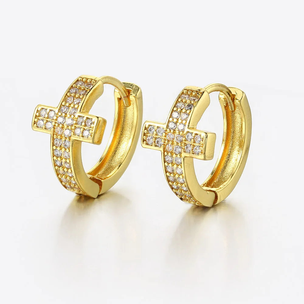 Gold-colored zakol hip hop huggie hoop earrings with cubic zirconia cross for women punk personalized party gifts