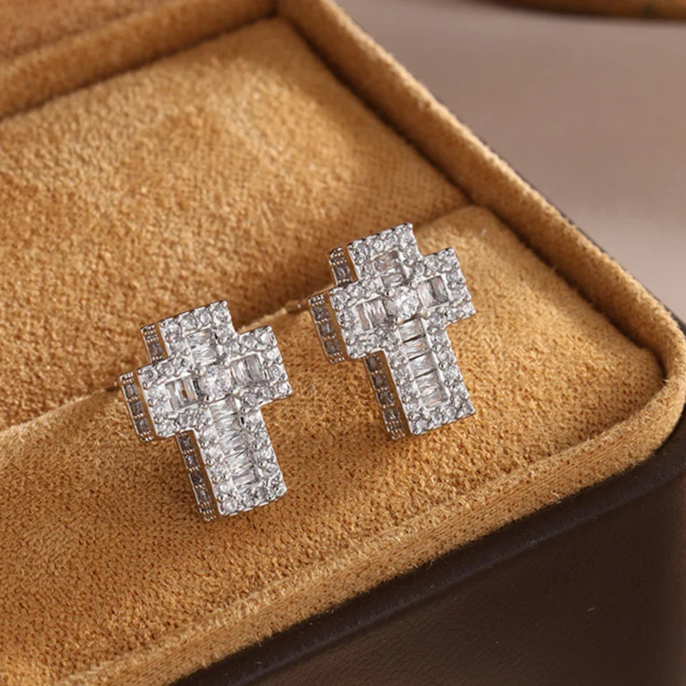 Silver cross stud earrings with baguette-cut cubic zirconia crystals zakol hip hop women punk personalized jewelry
