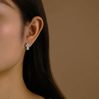 Silver cross-shaped stud earring with sparkling cubic zirconia crystals from zakol hip hop women punk personalized jewelry
