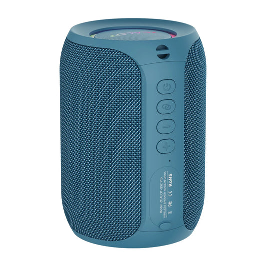 Teal textured fabric-wrapped zealot s32 pro cylindrical wireless speaker with control buttons and circular top grille