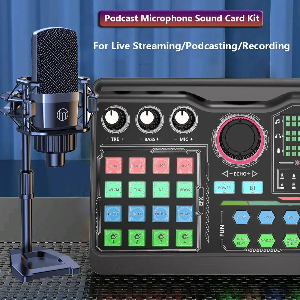 Zealsound professional podcast microphone soundcard kit with black condenser microphone and shock mount for laptop computer vlog