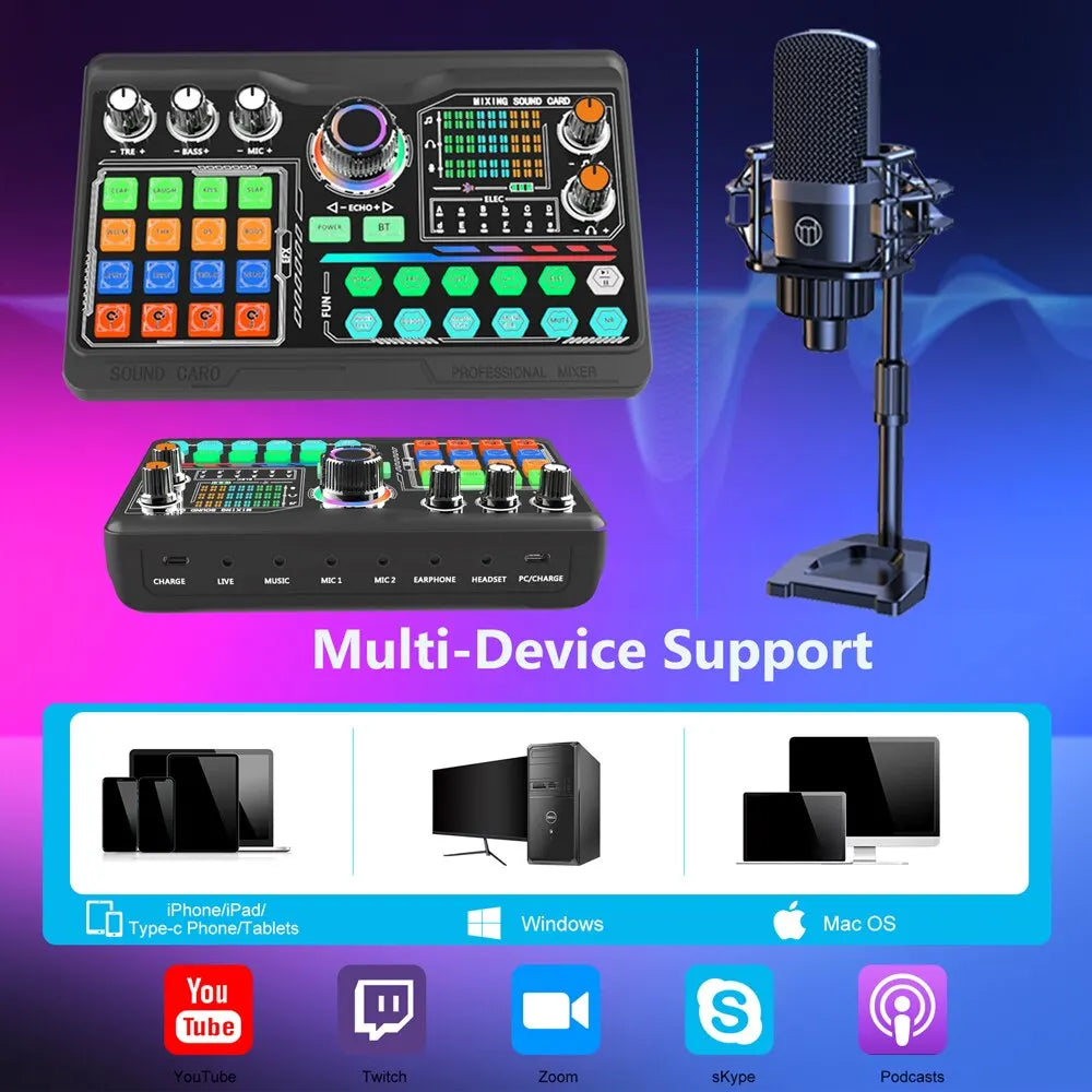 Black and silver zealsound professional podcast microphone soundcard kit with colorful illuminated buttons for laptop computer vlog
