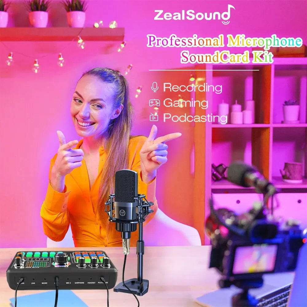 Black zealsound professional podcast microphone with mesh grille and shock mount on stand by soundcard mixer for laptop computer vlog