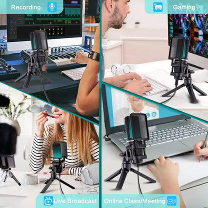 Black condenser microphone with blue rgb recording led ring on tripod stand for gaming podcasting streaming use