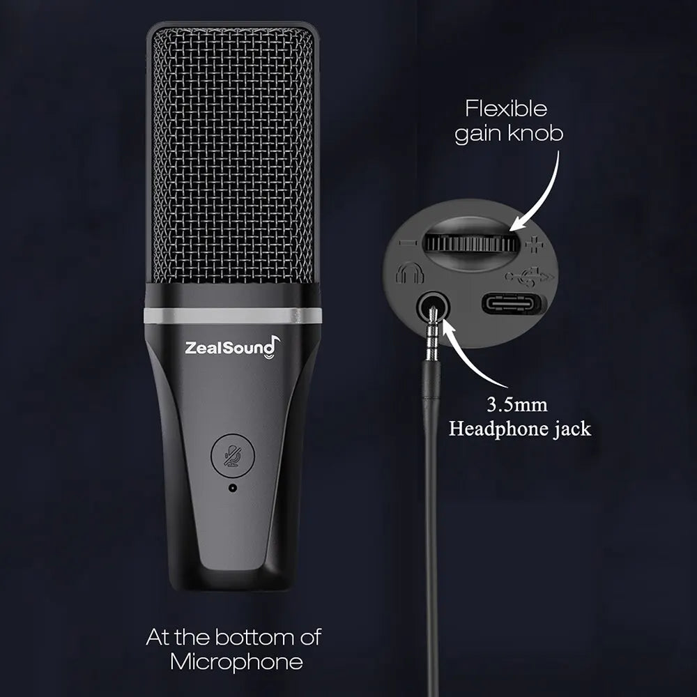 Black zealsound condenser microphone with mesh grille silver accent and rgb recording with articulated arm and tripod