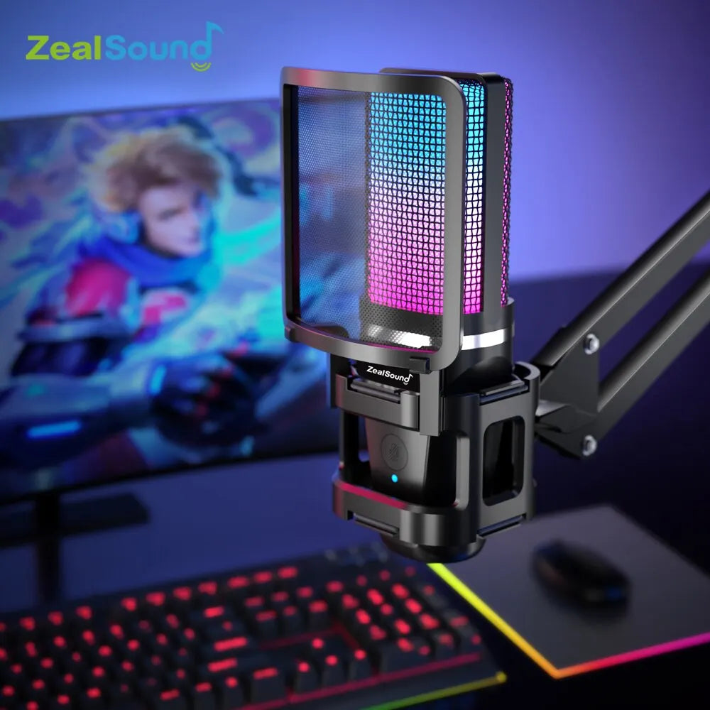 Black zealsound rgb recording condenser microphone with mesh grille and articulated arm for gaming and streaming