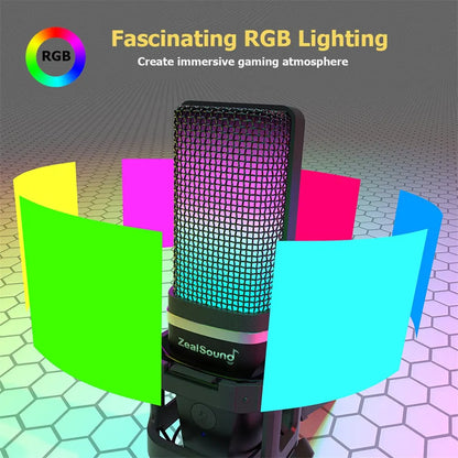 Black zealsound condenser microphone with mesh grille rgb recording and articulated arm for gaming podcasting streaming