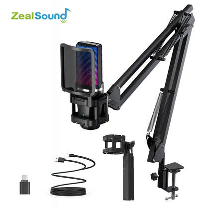 Black zealsound condenser microphone with rgb recording mesh grille and attached articulated arm for gaming podcasting streaming