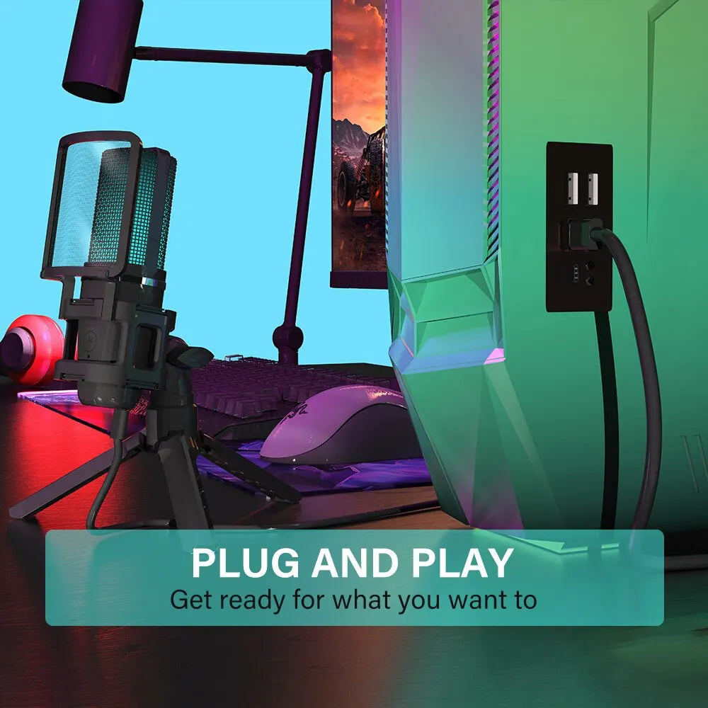Black usb wall outlet with two ports and power button paired with zeal sound rgb recording condenser microphone and articulated arm
