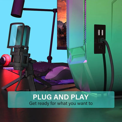 Black usb wall outlet with two ports and power button paired with zeal sound rgb recording condenser microphone and articulated arm