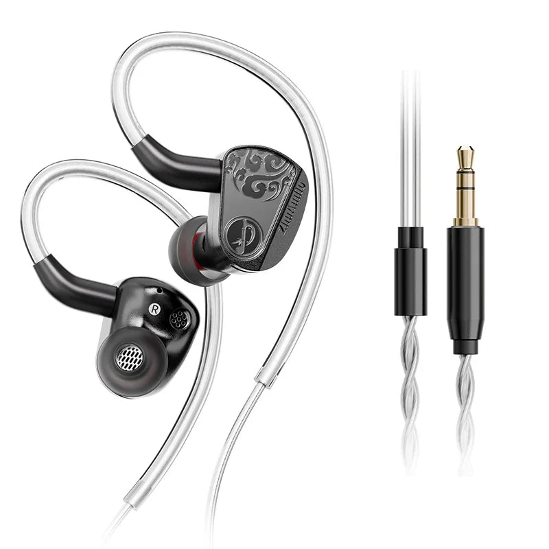 Black and silver metal music monitor earphones with dual dynamic drivers and ornate inlay for hiFi audio fidelity
