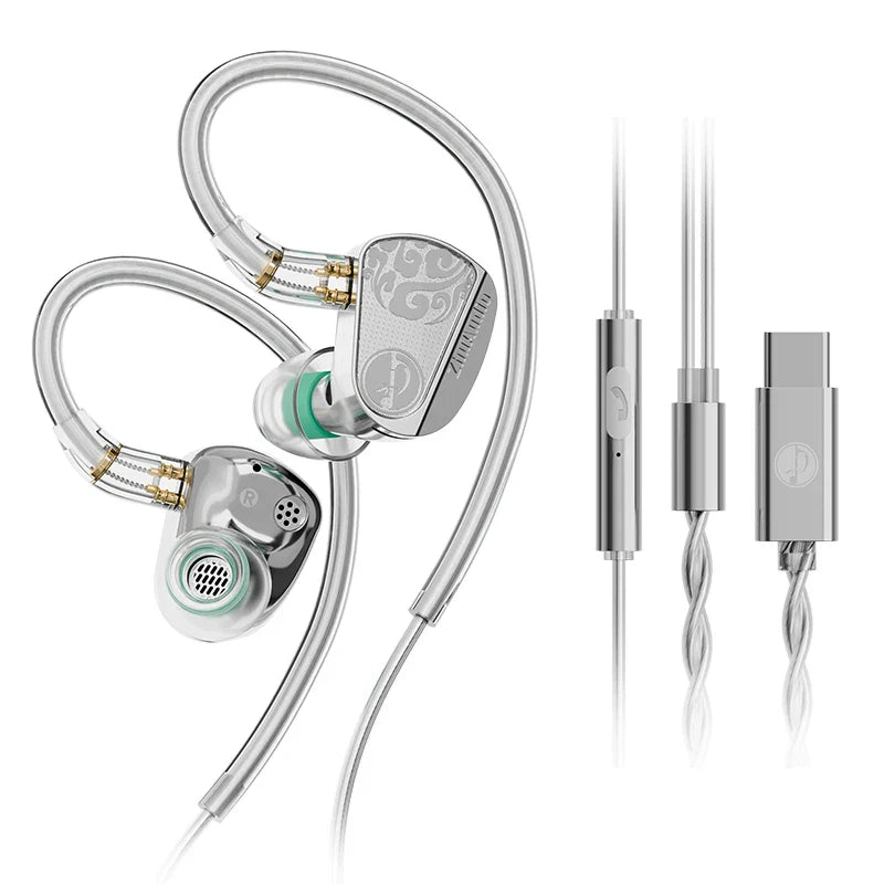 Silver zhulinniao jinghong z3 2025 metal music monitor in-ear hifi earphones with dual dynamic drivers and green silicone tips