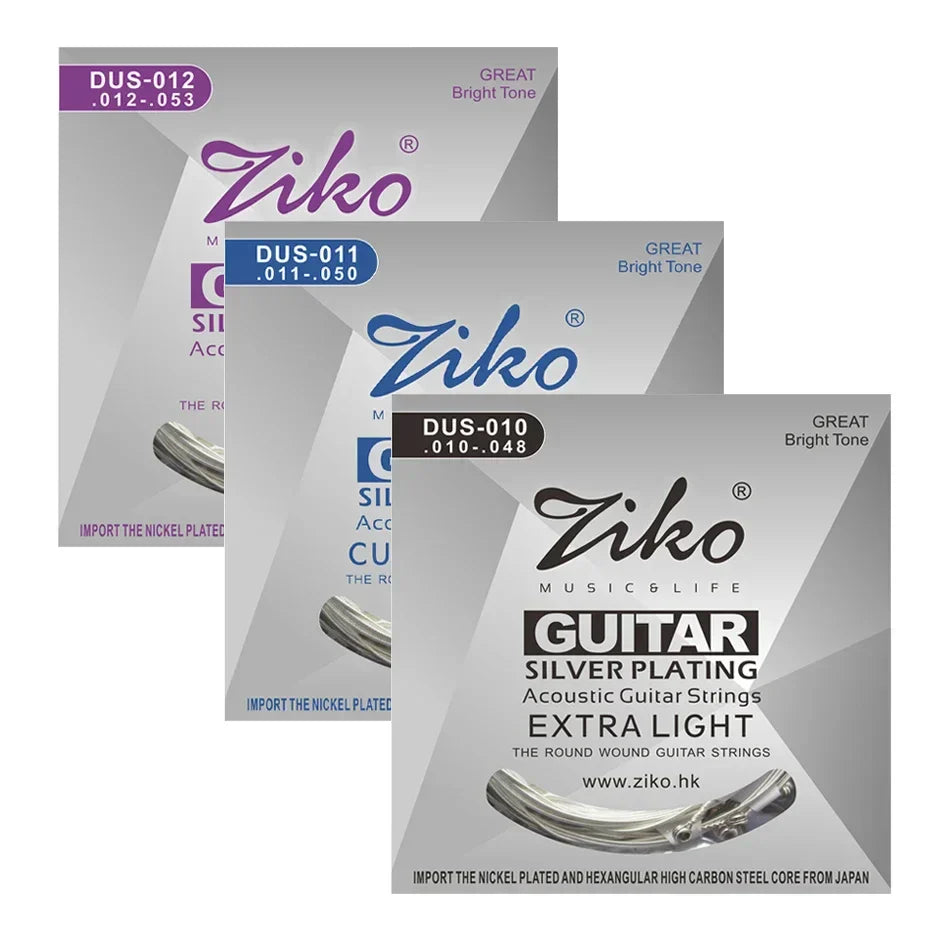Ziko acoustic guitar strings set with silver plating extra light gauge in sleek gray boxes for guitar parts musical use