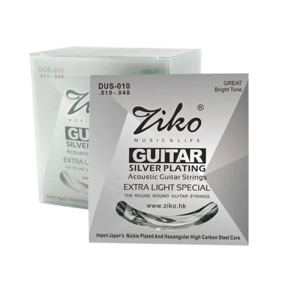 Ziko acoustic guitar strings set with silver plating and round wound design in sleek white and gray guitar parts musical packaging