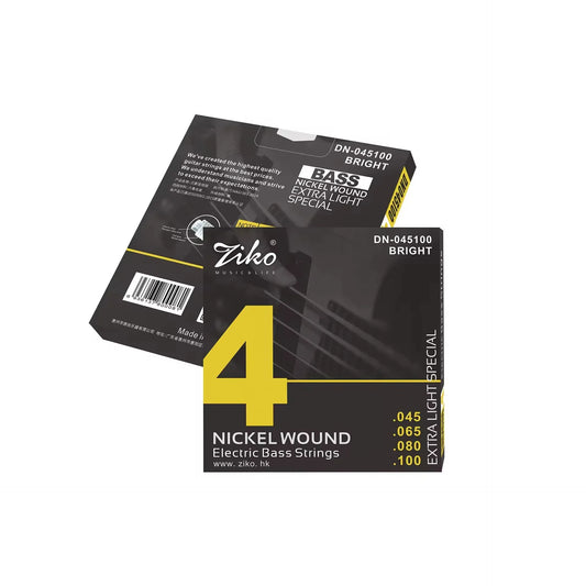 Black and yellow packaging of ziko electric bass strings nickel wound guitar hexagon alloy core model dn-045100 bright