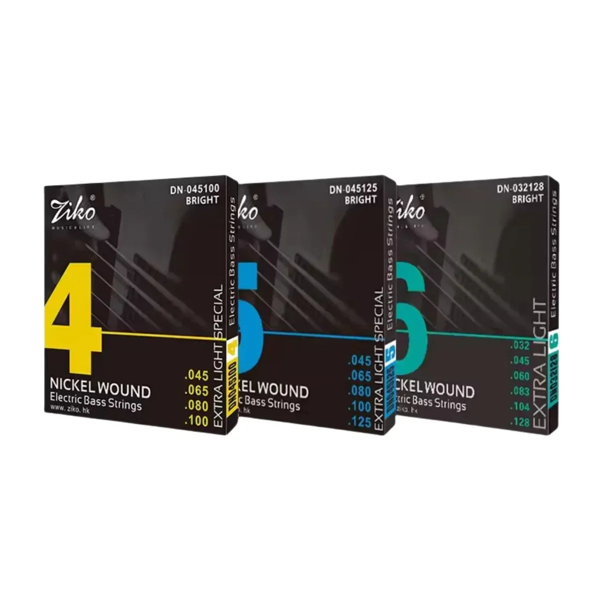 Three ziko electric bass nickel wound string bass hexagon core packages with yellow 4 blue 5 and teal 6 labels