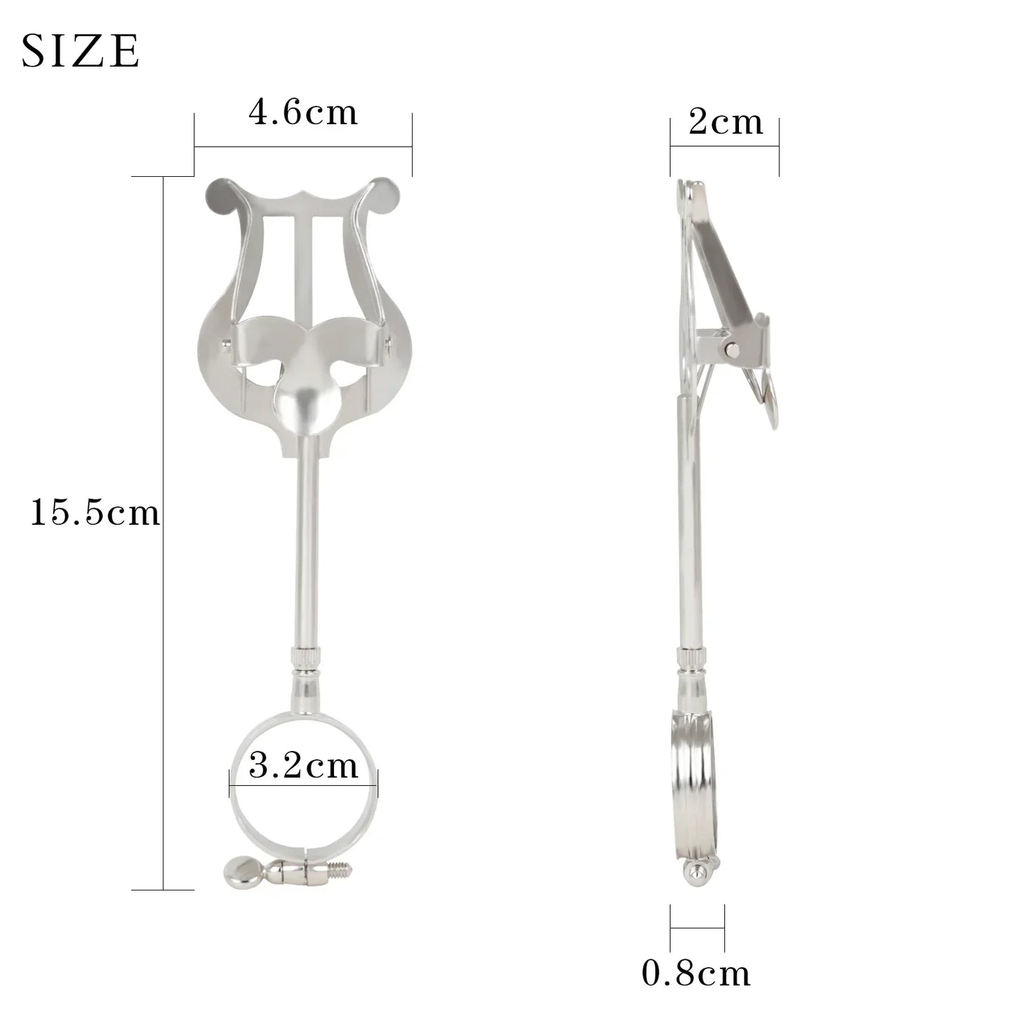 Silver lyre-shaped trumpet marching lyre with sleek metallic finish and adjustable iron clamp for portable music stand use