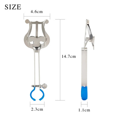 Silver iron trumpet marching lyre with blue rubber grip clamp for portable music stand use