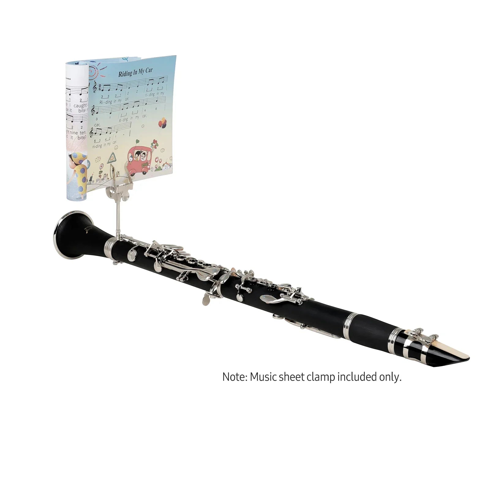 Black clarinet with silver keys and colorful sheet held by a silver iron trumpet marching lyre portable music stand clamp