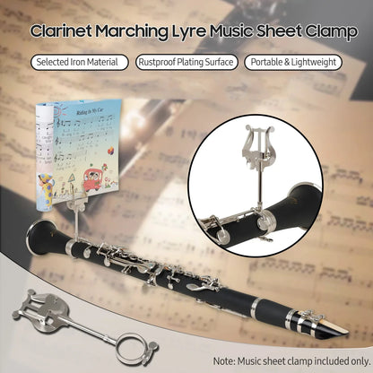 Silver-colored metal trumpet marching lyre with rubber pad clamp for portable music stand and marching lyre portable use