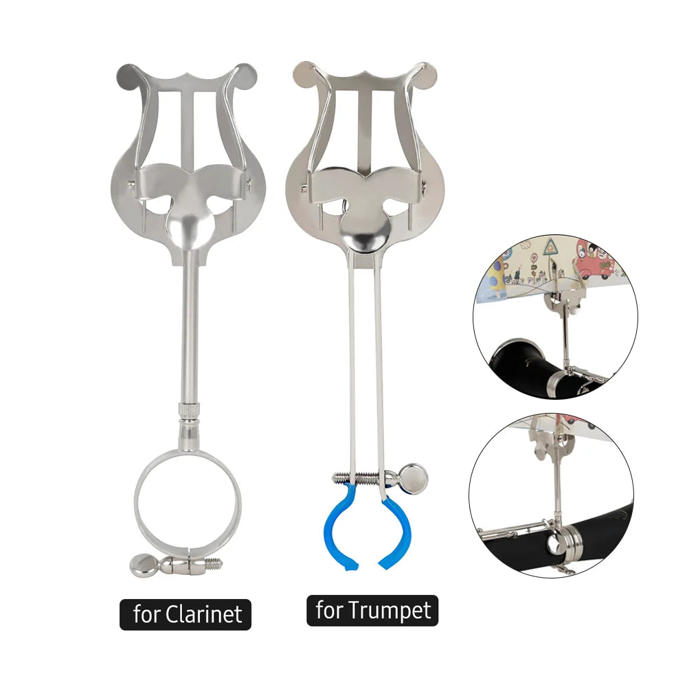 Silver metal trumpet marching lyre with adjustable clamp and rubber pad portable music stand for clarinet or trumpet