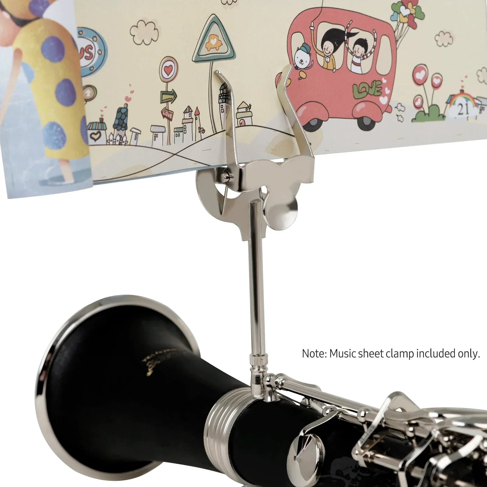Silver metal trumpet marching lyre clamp with rubber pad attached to black and silver clarinet for portable music stand