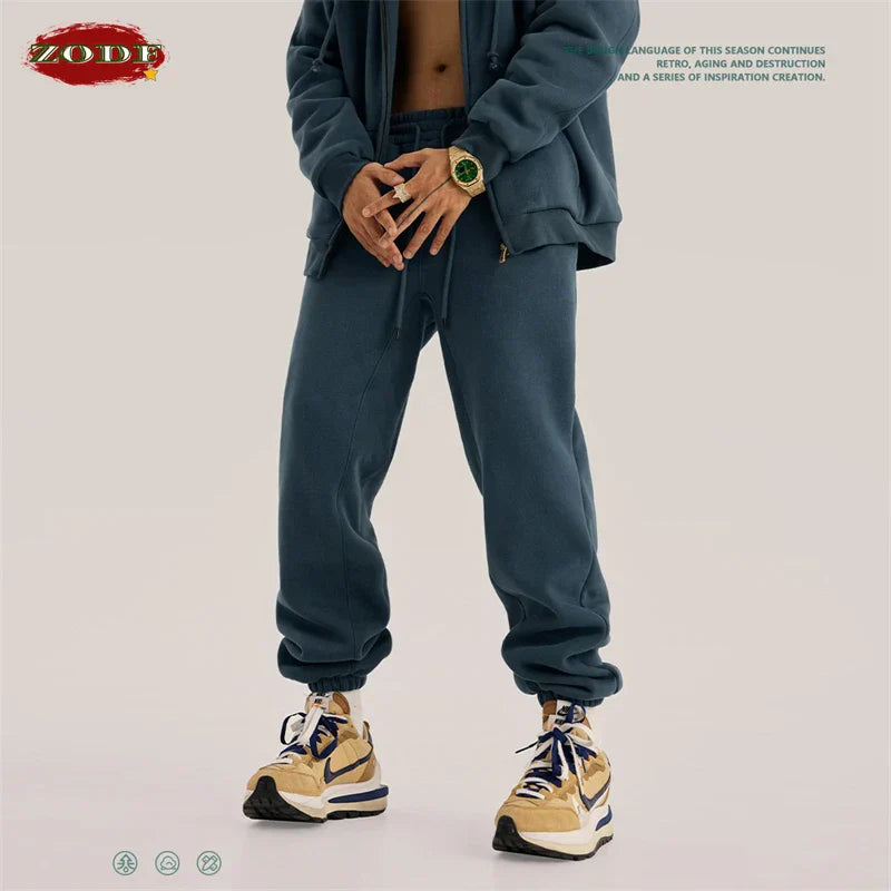 Dark blue zodf trendy men 345gsm fleece sweatpant with elastic cuffs and drawstring waistband retro hip hop style