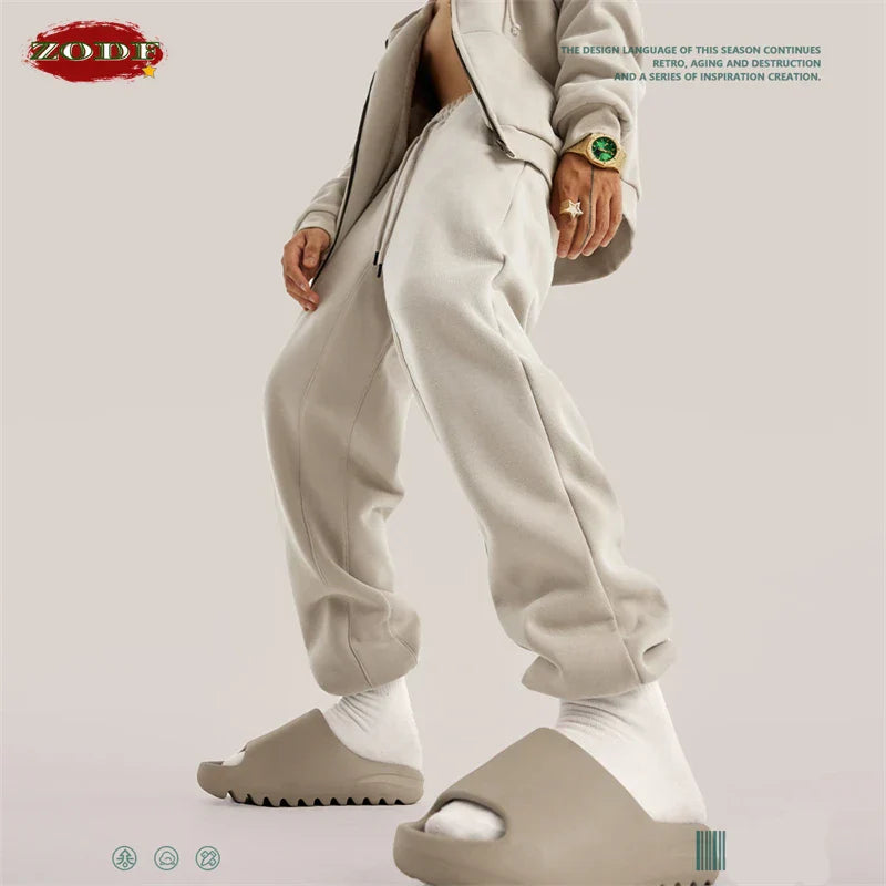 Light gray zodf trendy men 345gsm fleece sweatpant with relaxed fit drawstring waistband retro hip hop style joggers