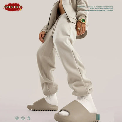 Light gray zodf trendy men 345gsm fleece sweatpant with relaxed fit drawstring waistband retro hip hop style joggers
