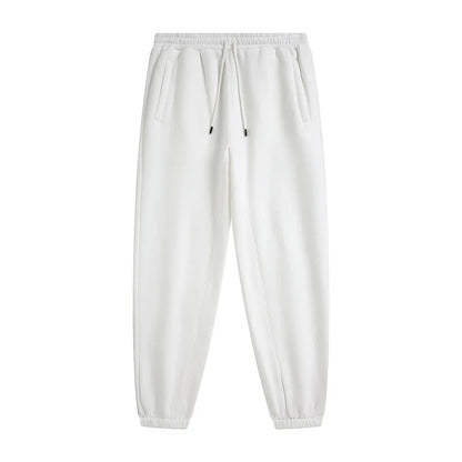 White drawstring joggers with soft relaxed fit and elastic cuffs zodf trendy men 345gsm fleece sweatpant retro hip hop