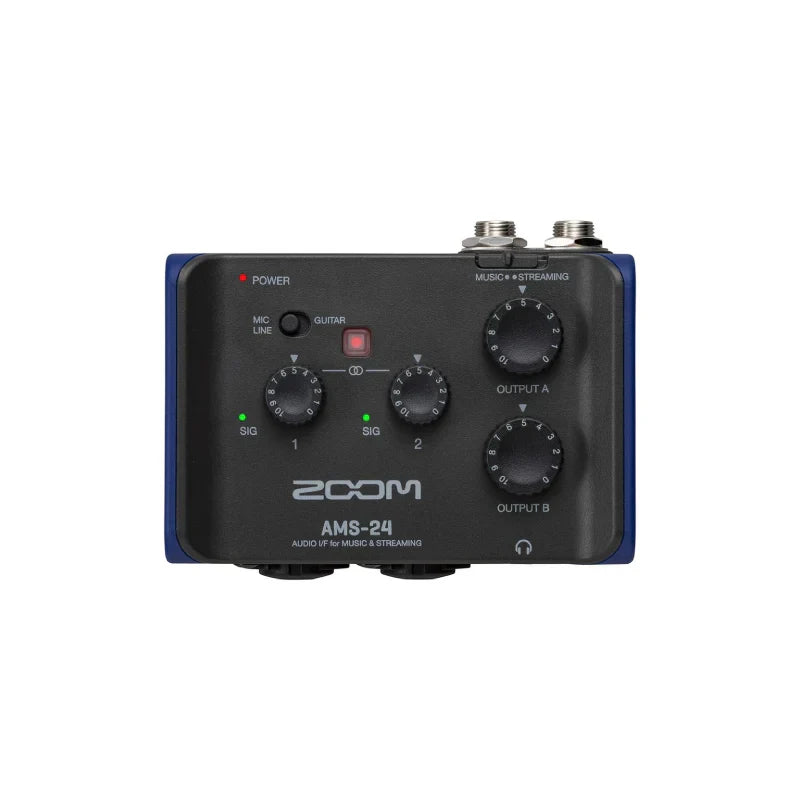 Black and blue zoom ams-24 usb audio interface with multiple knobs inputs outputs and red power indicator for recording type beat