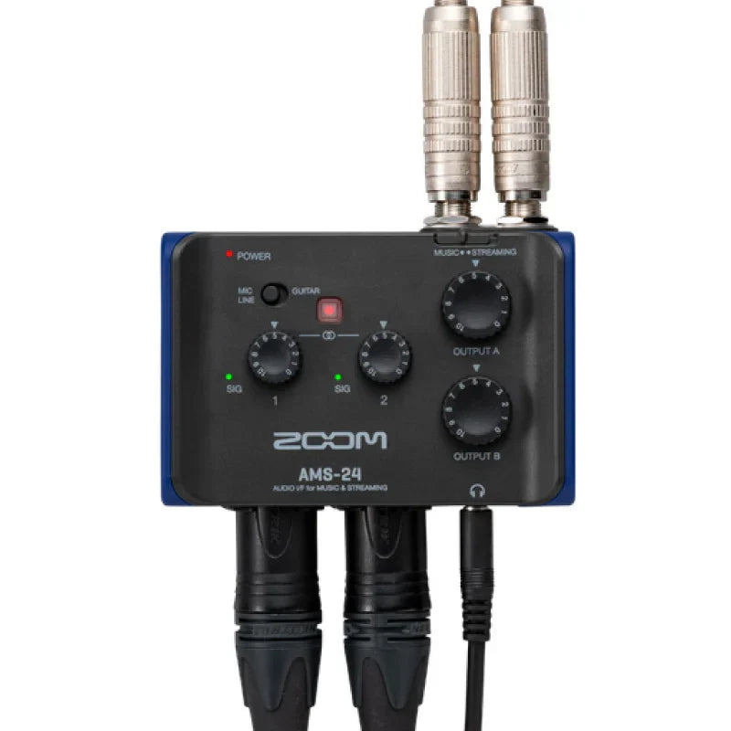 Black and blue zoom ams-24 usb audio interface with silver xlr connectors for recording and streaming on pc mac ios