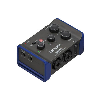 Blue and black zoom ams-24 usb audio interface with multiple knobs inputs outputs and indicator lights for recording and streaming