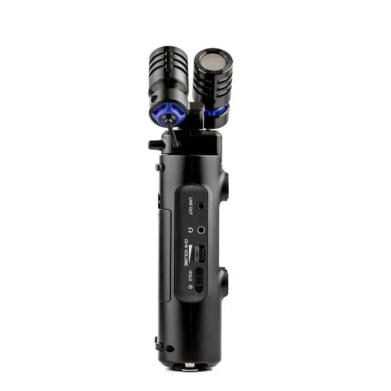 Black rode videomic pro dual microphone boom arm with blue accents attached to zoom h5 studio portable handy recorder usb audio interface