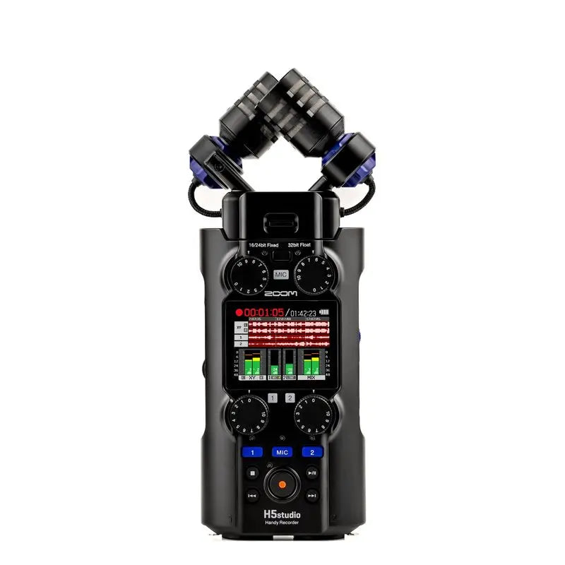 Black Zoom H5 Studio portable handy recorder with dual XLR microphones and color screen USB audio interface display