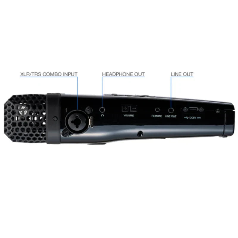 Black handheld microphone with honeycomb grille and combo input ports on the back of zoom m4 portable recorder with timecode generator and float recording