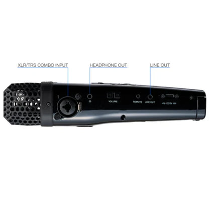 Black handheld microphone with honeycomb grille and combo input ports on the back of zoom m4 portable recorder with timecode generator and float recording