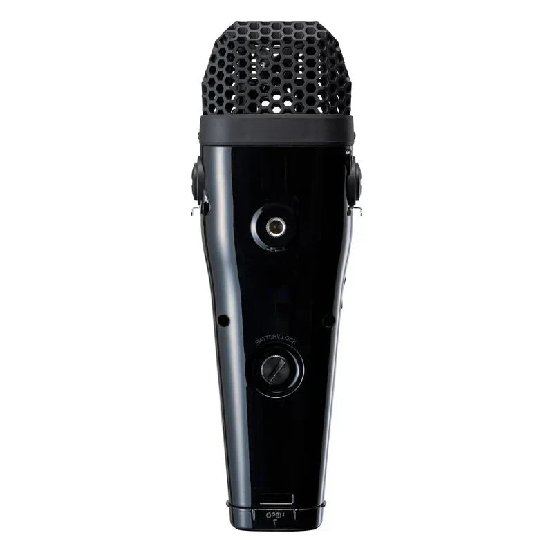 Black handheld microphone with hexagonal grille and glossy finish for zoom m4 portable studio recorder with timecode generator and float recording