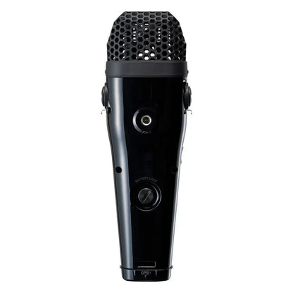 Black handheld microphone with hexagonal grille and glossy finish for zoom m4 portable studio recorder with timecode generator and float recording