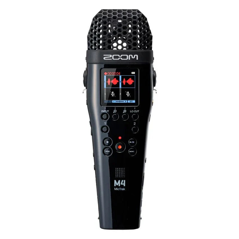 Black zoom m4 portable handheld recorder with honeycomb microphone grille, illuminated display, timecode generator, and float recording