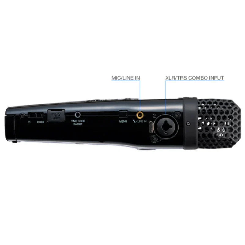 Black rodent usb microphone with honeycomb grille and multiple ports on zoom m4 portable featuring timecode generator and float recording