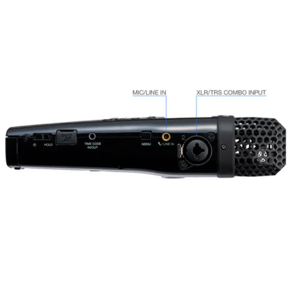 Black rodent usb microphone with honeycomb grille and multiple ports on zoom m4 portable featuring timecode generator and float recording